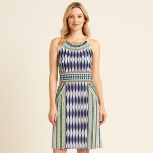NWOT London Times Geometric Ikat Print Halter Style Dress  Boho Resort Chic Sz 8